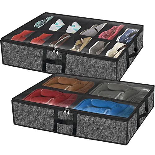 homyfort Under the Bed Shoe Organizer Fits 12 Pairs and 4 Pairs Boots,Sturdy & Breathable Materials,Underbed Storage Solution for Kids Men & Women Shoes,Great Space Saver for Your Closet Set of 2