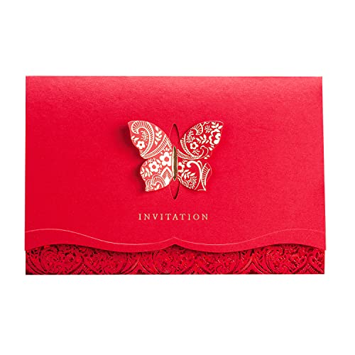 Hosmsua 50pcs Red Laser Cut Lace Flora Invitations Cards with Gold Butterfly and Envelopes for Bridal Shower Wedding Quinceañera Invitation