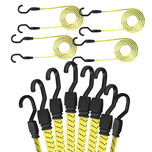 Houseables Bungee Cords with Hooks, Bungie Straps, 4 Pack, 48 Inch Long, Yellow, Flat, Premium Rubber, Bungy Chords, Cart Tie Down, Bungi Rope for Dolly, Upcart, Car Trunk, Camping, Luggage, Moving