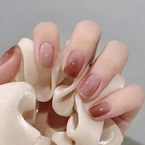 IMSOHOT Glossy Short Prses on Nails Square Ombre Fake Nails Squoval Red Brown Gradient Glue on Nails Full Cover False Nails for Women