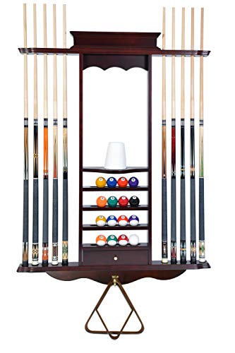 ISZY Billiards Pool Stick Holder Wall Mount - Cue Rack Only w/Chalk Holder, Holds 10 Cues & Full Ball Set - Billiards Accessories – Mahogany