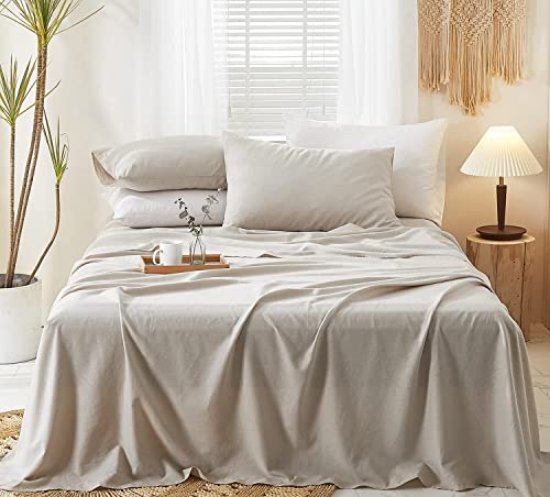 Ivellow Pure Linen Sheets 100% Linen Bed Sheets California King Sheet Set 4Pcs Natural Breathable Durable Soft Moisture Wicking Cooling Farmhouse Linen Bedding-1 Flat Sheet-1 Fitted Sheet-2 Pillowcase