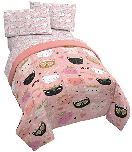 Jay Franco Purrrfect 4 Piece Twin Bed Set - Includes Comforter & Sheet Set - Bedding Features Cats - Super Soft Fade Resistant Microfiber