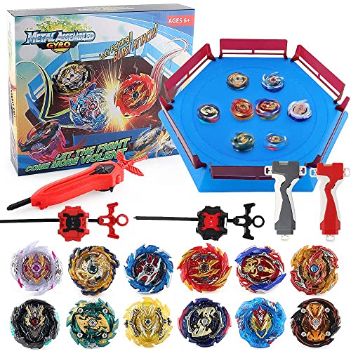 JIMI Bey Battling Top Stadium Blade Battle Set, 12 Burst Spinning Tops 3 Launchers Grip 1 Arena Combat Game, Toy Gift for Kids Boys Ages 6+