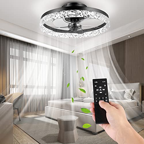 KAMLAM Modern Low Profile Ceiling Fan and Remote, 20" Flush Mount Ceiling Fans with 3-Color Dimmable Light, 6 Speeds Reversible Blades Timing, for Kids Bedroom/Dining Room/Kitchen (Black)