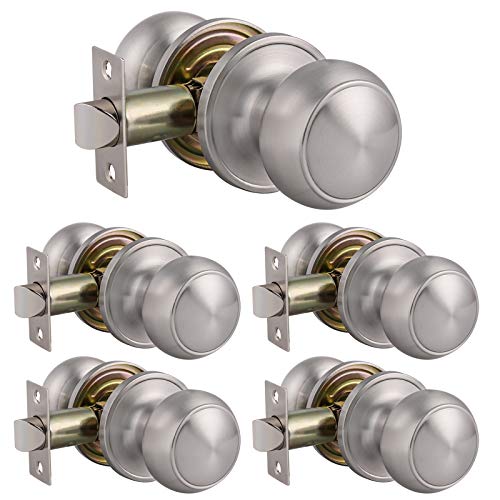 Knobonly 5 Pack Passage Satin Nickel Door Knob, Brushed Nickel Interior Door Knob, Keyless Flat Door Knobs, None-Locking Door Knob