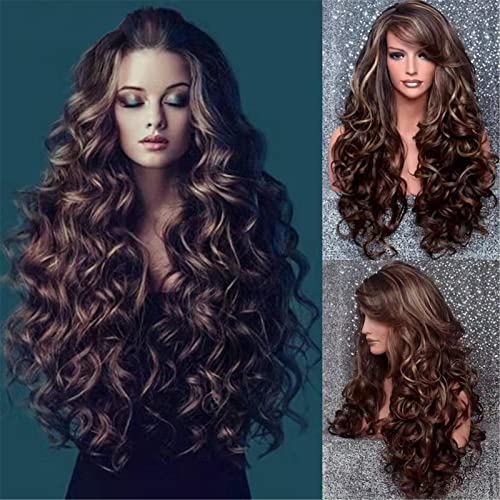 KXFNUO Brown Ombre Long Curly Wigs for Women, Brazilian Body Wave Wigs Natural Look Wave Curly Wig Pelucas Pre Plucked Soft Comfortable Wigs - 25 In…