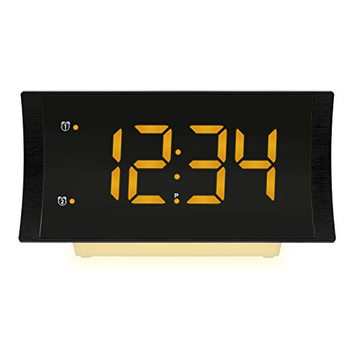 La Crosse Technology 617-89577-INT Curved Radio Alarm Clock with USB Charging Port, 7.08" W x 1.85" D x 3.74" H, Black