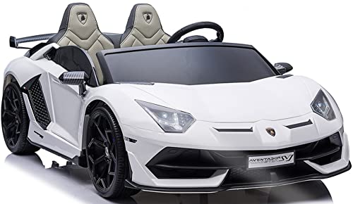 Lamborghini Two (2) Seater Ride On Kids Car Truck w/Remote | Large 24V Battery Licensed Kid Car to Drive 3 Speeds, Leather Seat, MP3 Music by Bluetooth, FM Radio, Rubber Tires in White