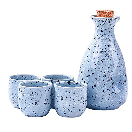 Large Sake 5-Piece Set, Durable Japanese Sake Ceramic Set Featuring 1 Sake Bottle and 4 Sake Cups (Large Blue)
