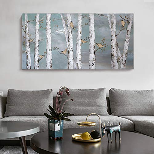 Large Tree Wall Art Hand-Painted Landscape Forest Oil Painting Gallery Wrapped Framed Canvas Bird Birch Artwork 'White Birch at Night' for Living Room Bedroom Office Décor Teal White Gold 48x24inch