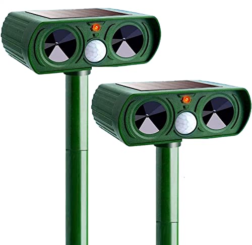 LATUD 2 Pack 2023 Solar Ultrasonic in Repellent Defender Rat, Squirrel, Deer, Raccoon, Skunk, Rabbit, Mole, Dog, Cat, Waterproof with Motion Detector Green