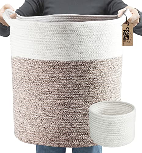 Laundry Basket 2pc by COMFY-HOMI Large Basket 18"X16" Tall Woven Cotton rope Basket with Handles Decorative Basket for Blankets Round Storage Basket for living room,Clothes,Pillows,Towels(White Brown)