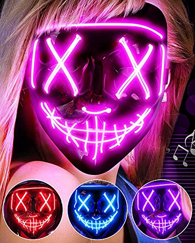 LED Light Up Halloween Mask, Scary Rave Glow LED Face Mask with 3 lighting Modes & El Wire for Costume&Cosplay Party. Adjustable&Eco-Friendly Material for Men Women Kid-PINK