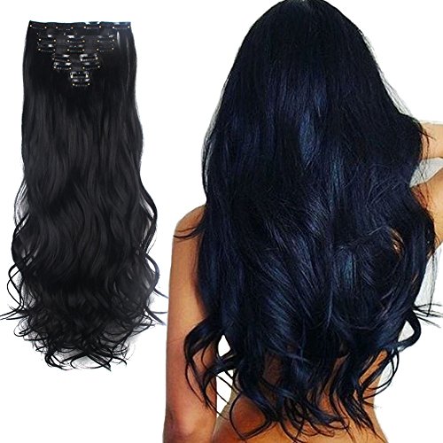 Lelinta 7Pcs 16 Clips 24 Inch Wavy Curly Full Head Clip in on Double Weft Hair Extensions, Dark Black, 24 Inch