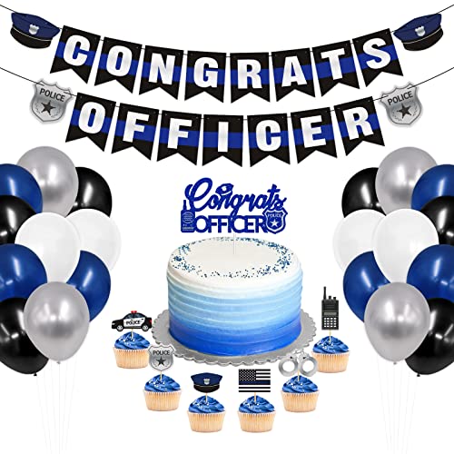 Levfla Congrats Officer Party Decoration Set Police Graduation Banner Cake Cupcake Topper Balloons Cops Retirement Promotion Photo Props Blue Line Ideas Favors Supplies