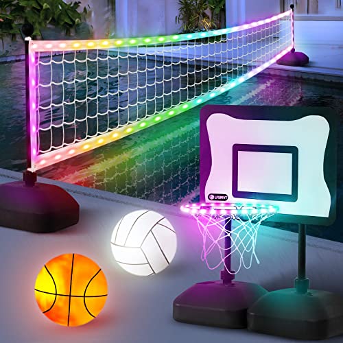 LFSMVT 2-in-1 LED Pool Volleyball & Basketball Game Set, Light Up Pool Sport Combo Set with LED Pool Balls, APP & Remote Control, Music Sync for Inground Pool