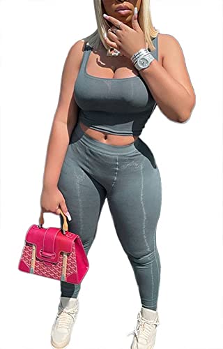 LICOBOD Casual Workout Sets 2 Piece Outfits for Women Ribbed Crop Tank Top High Waist Yoga Leggings Lounge Wear Tracksuit