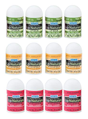 Lip Naturals® | Assorted Mini Lip Balm with Sunscreen (SPF-15) | Made in USA | 12-Count Mini Lip Balm Pack with Bing Cherry, Tea Tree Mint, and Vanilla Bean Flavors (0.10oz/3g Each)