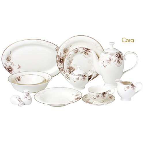 Lorren Home Trends Cora-57 57 Piece Dinnerware Set-Bone China Service for 8 People-Cora, One Size, Multicolor