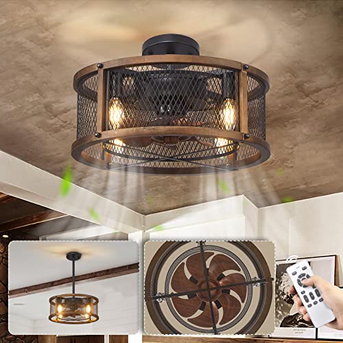 Low Profile Ceiling Fans with Lights, 17 Inch Farmhouse Caged Ceiling Fan with Lights Remote Control, Rustic Bedroom Ceiling Fans for Living Dining Room Kitchen