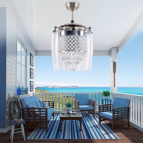 LuxureFan Modern Crystal Ceiling Fan Light for Living Room Restaurant with 8 Foldable Transparent Acrylic Leaves with Invisible Take-Off Remote Chandeliers of Sand Nickel 42 Inch