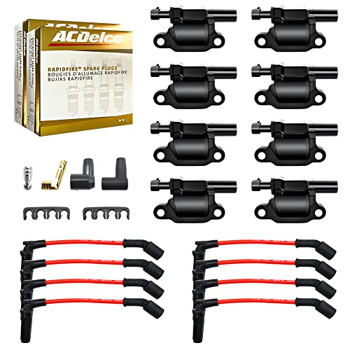 MAS Set of 8 Square Ignition Coils Pack&Platinum Spark Plugs&Wires Set Compatible with Cadillac CTS Chevrolet GMC Pontiac G8 Grand Prix H3 Tahoe Yukon Silverado Replacement for UF413 D510C 5C1554