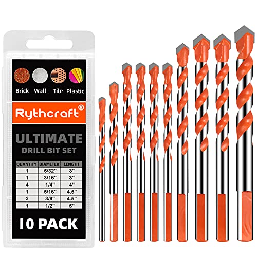 Masonry Drill Bits Set for Tile, Brick, Cement, Concrete, Glass, Plastic, Cinder Block, Wood etc,Chrome Plated with Industrial Strength Carbide Tips with Storage Case Orange(10 Pack)