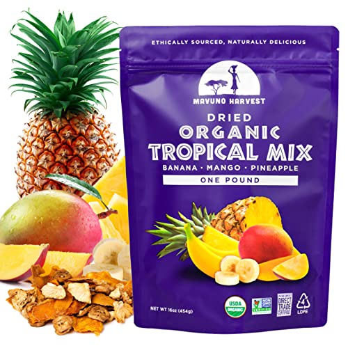 Mavuno Harvest Tropical Mix Dried Fruit Snack | Unsweetened Organic Mixed Dried Fruit | Gluten Free Healthy Snacks for Kids and Adults | No Sugar Added, Vegan, Non GMO | 1 Pound Resealable Bag