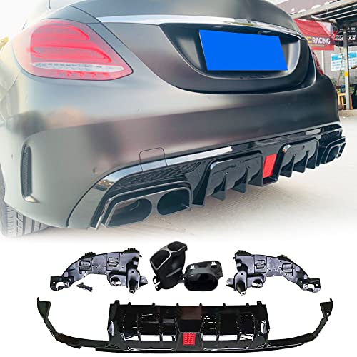 MCARCAR KIT Rear Bumper Diffuser Fits for Mercedes Benz C Class W205 C200 C250 C300 C350 C400 Sport C43 AMG Sedan 2015-2021 PP Under Chin Lip Spoiler Splitter with Exhaust Tips (Gloss Black)