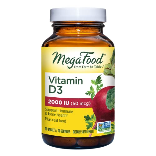 MegaFood Vitamin D3 2000 IU (50 mcg) - Immune and Bone Health Support Supplement with easily-absorbed Vitamin D3 - Plus real food - Non-GMO, Vegetarian - Made Without 9 Food Allergens - 90 Tabs