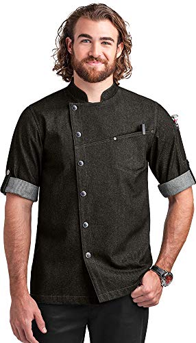 Men?s Asymmetrical Premium Denim Chef Coat with Mesh Side Panels (S-3X, Black), Black Denim, X-Large