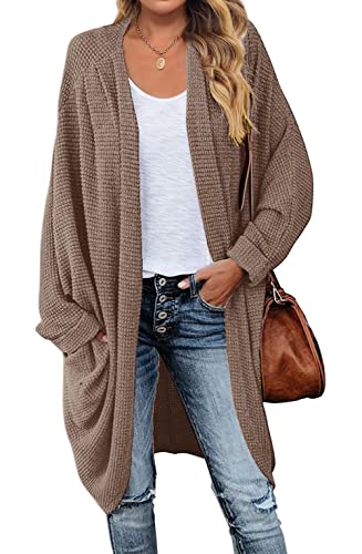 MEROKEETY Women's Waffle Knit Batwing Long Sleeve Cardigan Loose Open Front Sweater Coat, Brown, M