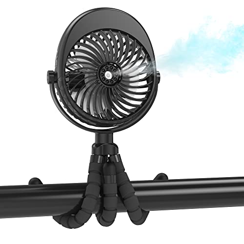 Misting Stroller Fan, 2500mAh Battery Powered Personal Desk Air Circulator Fan with Flexible Tripod, Ultra Quiet 3 Speed 270° & 360° Rotatable USB Fan for Stroller Office Camping Hurricane Outage,Black