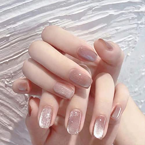 MISUD Short Press on Nails Square Fake Nails Glossy Glue on Nails Pink Cat Eye Squoval Acrylic Nails Cute Bling False Nails with Design 24 pcs