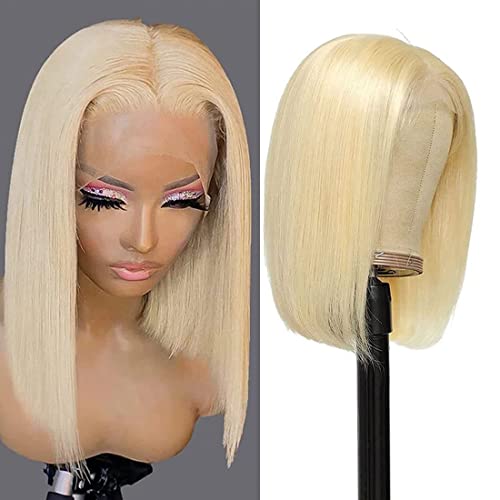 MMFZPHEIR Blonde Bob Wig Human Hair 613 Lace Front Wigs Human Hair 10 Inch 13X1X4 T Part Lace Brazilian Virgin Hair Pre Plucked with Baby Hair 180% Density Straight Bob Wig for Women Natural Hairline