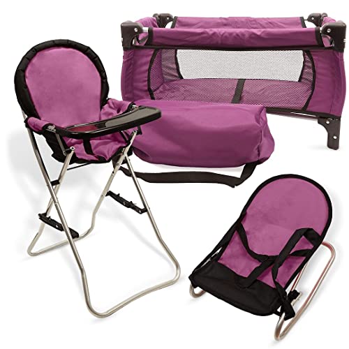 Mommy & Me 3 In 1 Baby Doll Accessories Mega Deluxe Playset with Doll High Chair, Doll Bouncer, and Doll Pack N Play Baby Doll Crib, Fits 18 Inch American Girl Doll, Purple