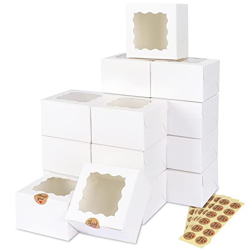 Moretoes 50pcs 4x4x2.5 Inches White Bakery Boxes with Window, Cookie Boxes, Mini Cake Boxes, Dessert, Pastry, Small Treat Boxes