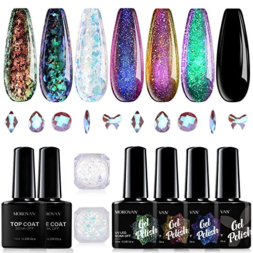 Morovan Chameleon Gel Nail Polish Kit with Base Coat & Top Coat - 4 Colors Chameleon Blue Green Orange Classic Black Polish Soak Off Rainbow Mood Phantom Chameleon Gel Nail Polish Kit Gift Box 10ml Each Bottle