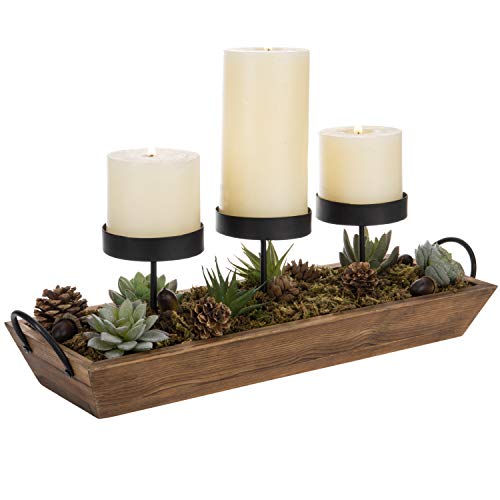 MyGift 3-Pillar Black Metal Candle Holder with Rustic Wood Tray and Handles, Tabletop/Mantel Centerpiece