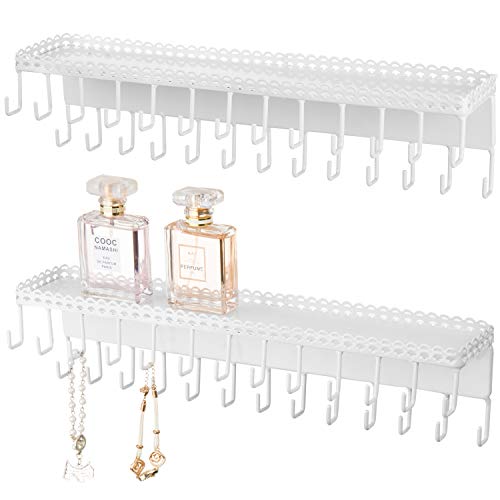 MyGift White Metal Wall-Mounted Jewelry Hanging Shelf with 26 Necklace Hooks, Set of 2