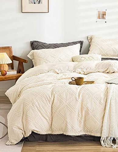 Nanko Queen Comforter Set Beige Tufted Jacquard Boho Geometry Soft Shabby Chic Down Alternative Microfiber Bedding - All Season Duvet Modern Farmhouse Bed Sets Women Men Size 90 x90 3pc Cream Tan