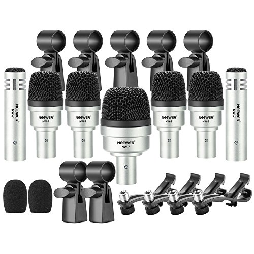 Neewer 7 Piece Wired Dynamic Drum Mic Kit - Kick Bass, Tom/Snare & Cymbals Microphone Set - for Drums, Vocal, Other Instrument - Complete with Thread Clip, Inserts, Mics Holder & Case（NW-7）