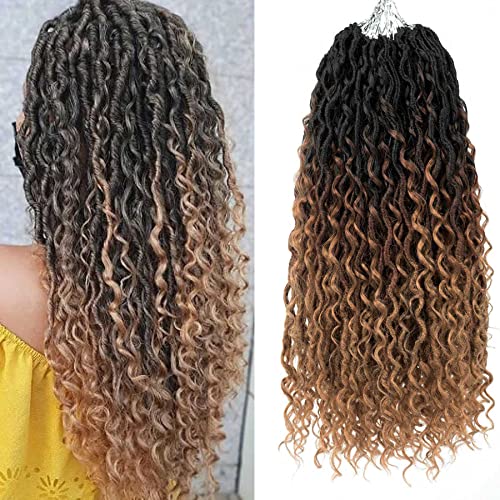New Faux Locs Crochet Hair With Curly Ends 18 Inch Ombre Black/Brown/Dark Blonde Boho Goddess Locs Crochet Hair Pre Looped River Locs Crotchet Braids For Women(5 Packs,18",T1B/30/27#)