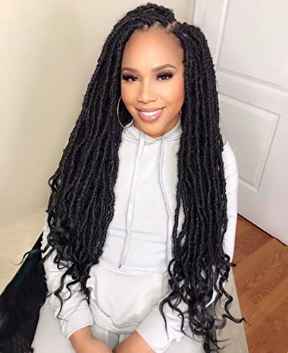 Niseyo Wild Locs 18 Inch New Faux Locs with Curly Ends 8 Packs Distressed Goddess Locs Crochet Hair 18 In Long Soft Butterfly Loc Pre-looped Bohemian Deep Wavy End (Handmade, 1B/Natural Black)