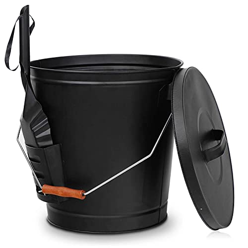 Nouva 5.15 Gallon Ash Bucket with Lid and Shovel, Galvanized Large Metal Hot Wood Ash Carrier Pail Fireplace Tools,Fire Pit,Wood Burning Stove Black, 19.5 L