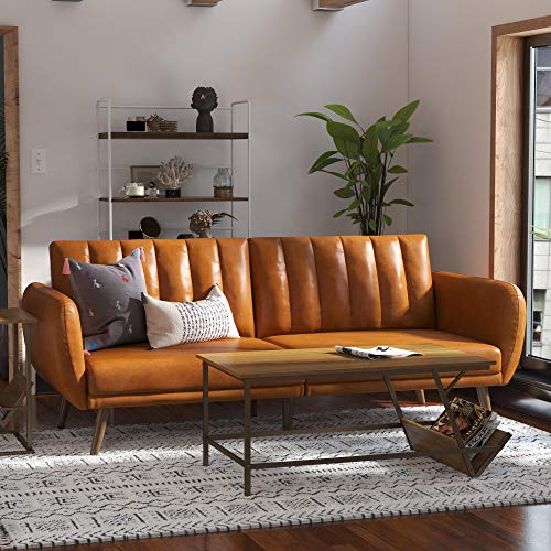 Novogratz Brittany Futon, Convertible Sofa & Couch, Camel Faux Leather Sofas, Width: 81.5",Depth: 34.5",Height: 31.5"