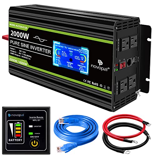 Novopal 2000 Watt Pure Sine Wave Power Inverter 12V DC to 110V/120V AC Converter- 4 AC Outlets Car Inverter with 1 USB Port-Remote Control and LCD Display,Power inverters for Vehicles,RV