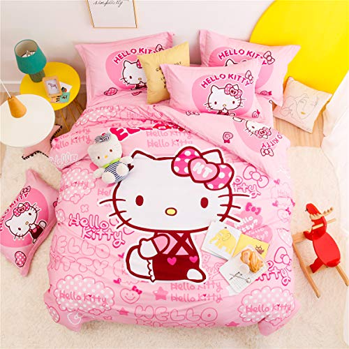 Nuosende Pink Hello Kitty Bowknot Hearts Cartoon Bedding Set Boys Girls Kids 100% Cotton Duvet Cover and Pillow Cases and Fitted Sheet - Girls - 4 Pieces - Queen