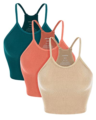 ODODOS Women's Crop Camisole 3-Pack Washed Seamless Rib-Knit Crop Tank Tops, Beige Coral Teal, X-Small/Small